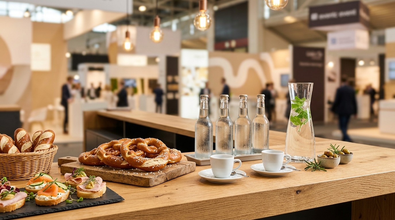 Messe Catering Köln Stand mit Brezen, belegten Brötchen, Getränken und Espresso